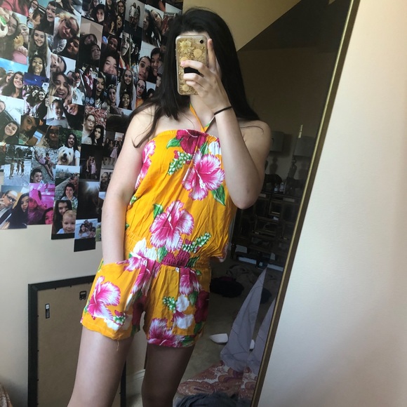 orange halter tie-up flower jumpsuit romper - Picture 2 of 3